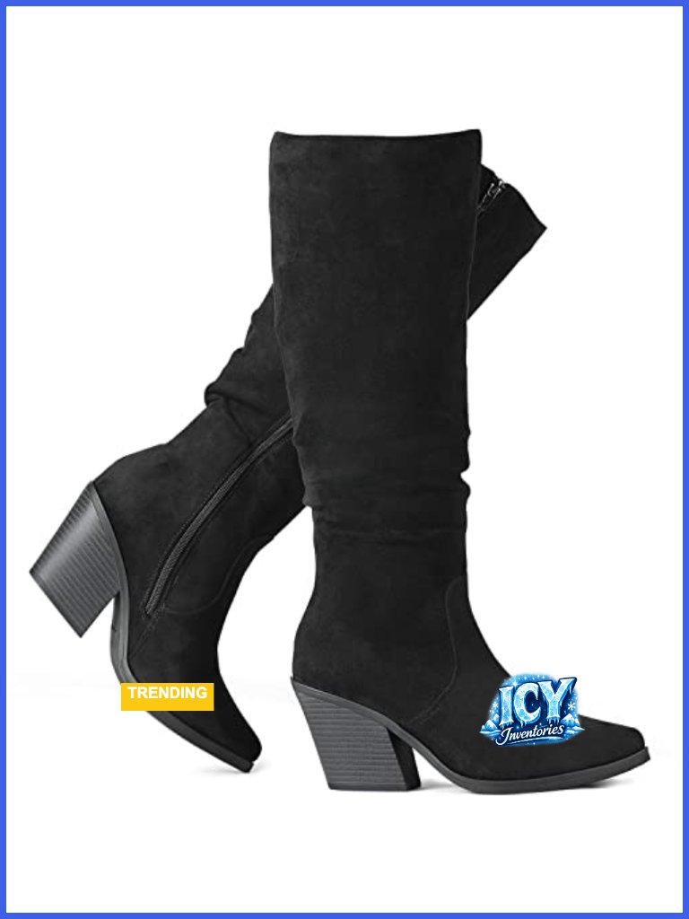 Women's Faux Suede Pointed Toe Knee High Boots Chunky Heel Side Zipper Slouchy